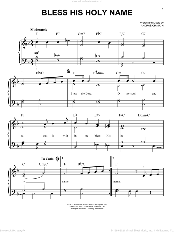 Bless His Holy Name sheet music for piano solo by Andraé Crouch, easy skill level