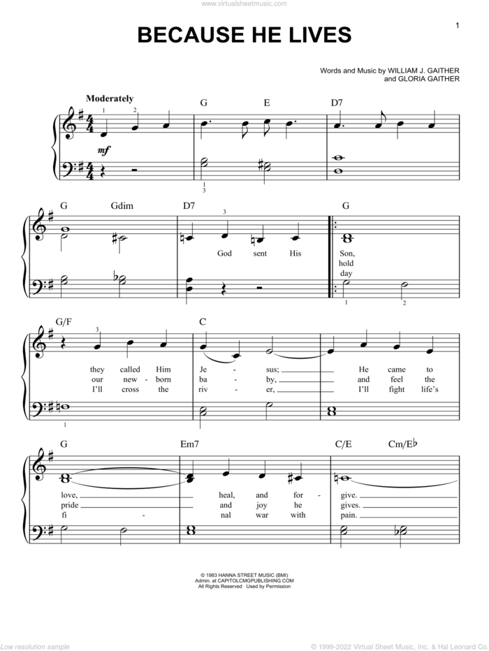 Because He Lives, (easy) sheet music for piano solo by Gloria Gaither and William J. Gaither, easy skill level