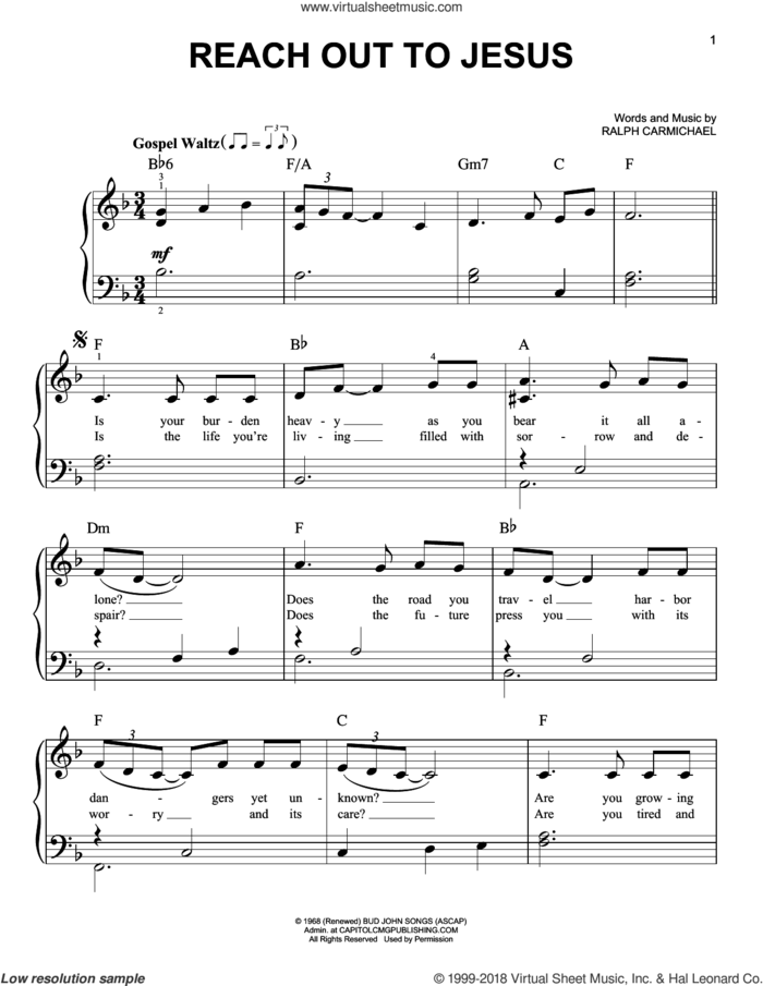 Reach Out To Jesus sheet music for piano solo by Ralph Carmichael, easy skill level