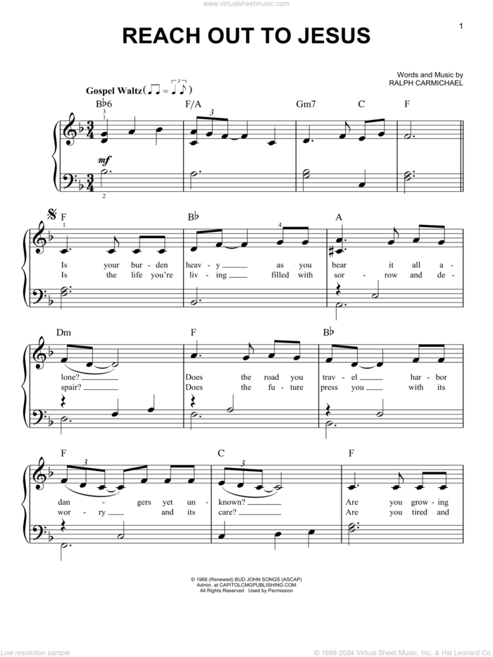 Reach Out To Jesus sheet music for piano solo by Ralph Carmichael, easy skill level