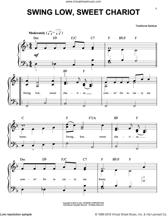 Swing Low, Sweet Chariot, (easy) sheet music for piano solo, easy skill level