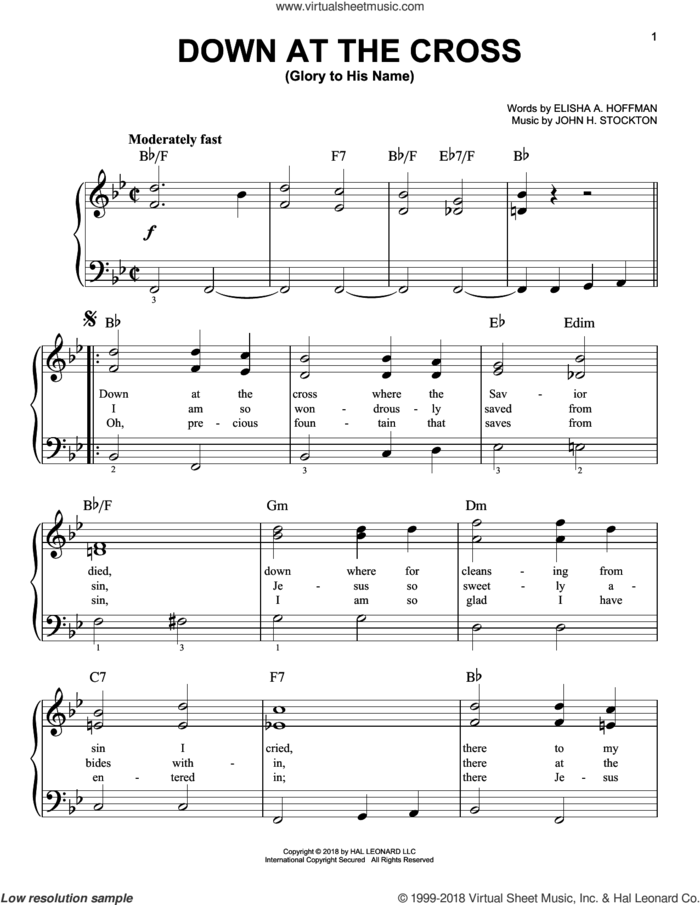Down At The Cross (Glory To His Name), (easy) sheet music for piano solo by Elisha A. Hoffman and John H. Stockton, easy skill level