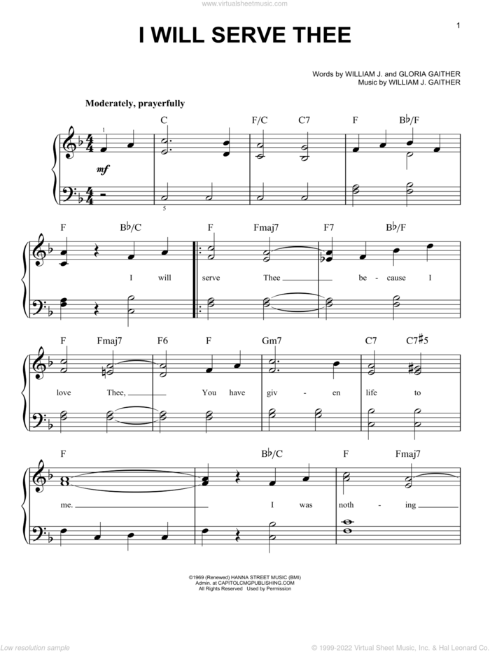I Will Serve Thee sheet music for piano solo by Gloria Gaither and William J. Gaither, easy skill level