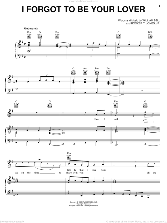 I Forgot To Be Your Lover sheet music for voice, piano or guitar by William Bell and Booker T. Jones, intermediate skill level