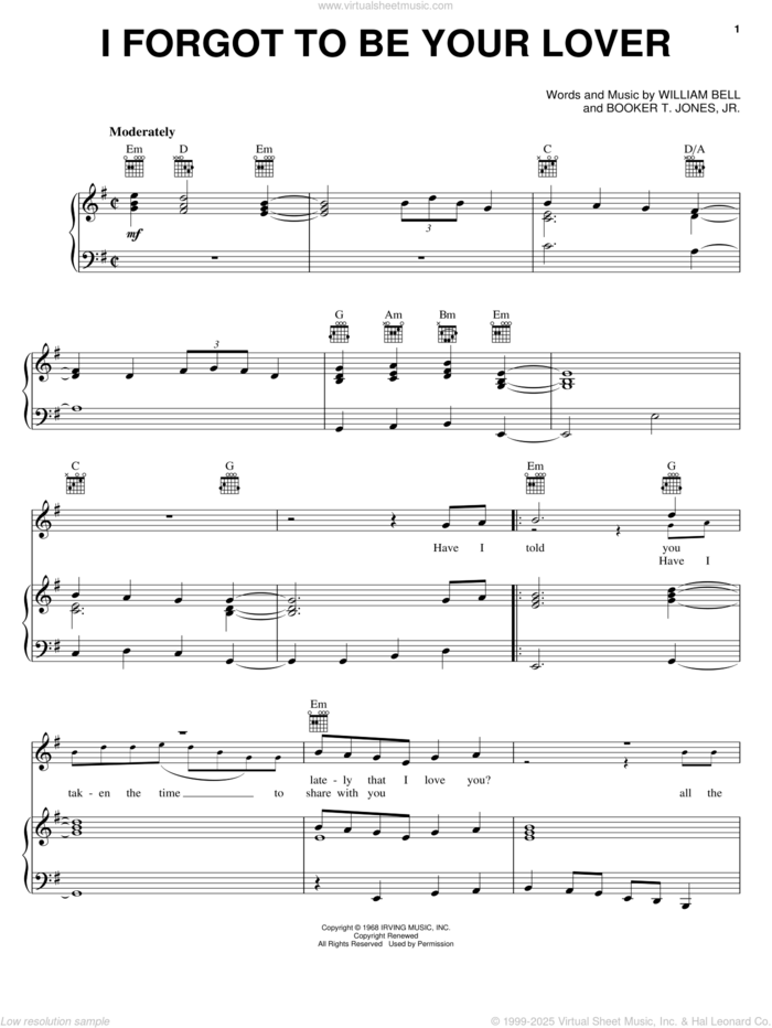 I Forgot To Be Your Lover sheet music for voice, piano or guitar by William Bell and Booker T. Jones, intermediate skill level