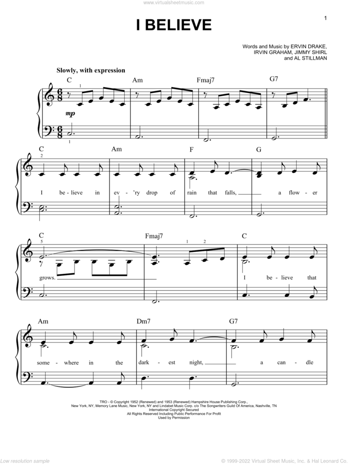 I Believe sheet music for piano solo by Al Stillman, Ervin Drake, Irvin Graham and Jimmy Shirl, easy skill level