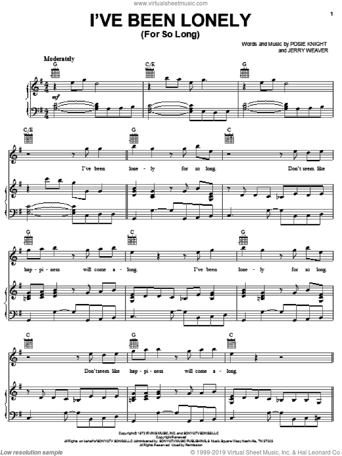 I've Been Lonely (For So Long) sheet music for voice, piano or guitar by Frederick Knight, Jerry Weaver and Posie Knight, intermediate skill level