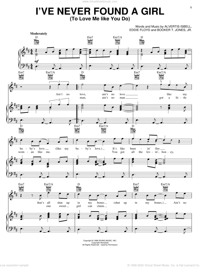 I've Never Found A Girl (To Love Me Like You Do) sheet music for voice, piano or guitar by Eddie Floyd, Alvertis Isbell and Booker T. Jones, intermediate skill level