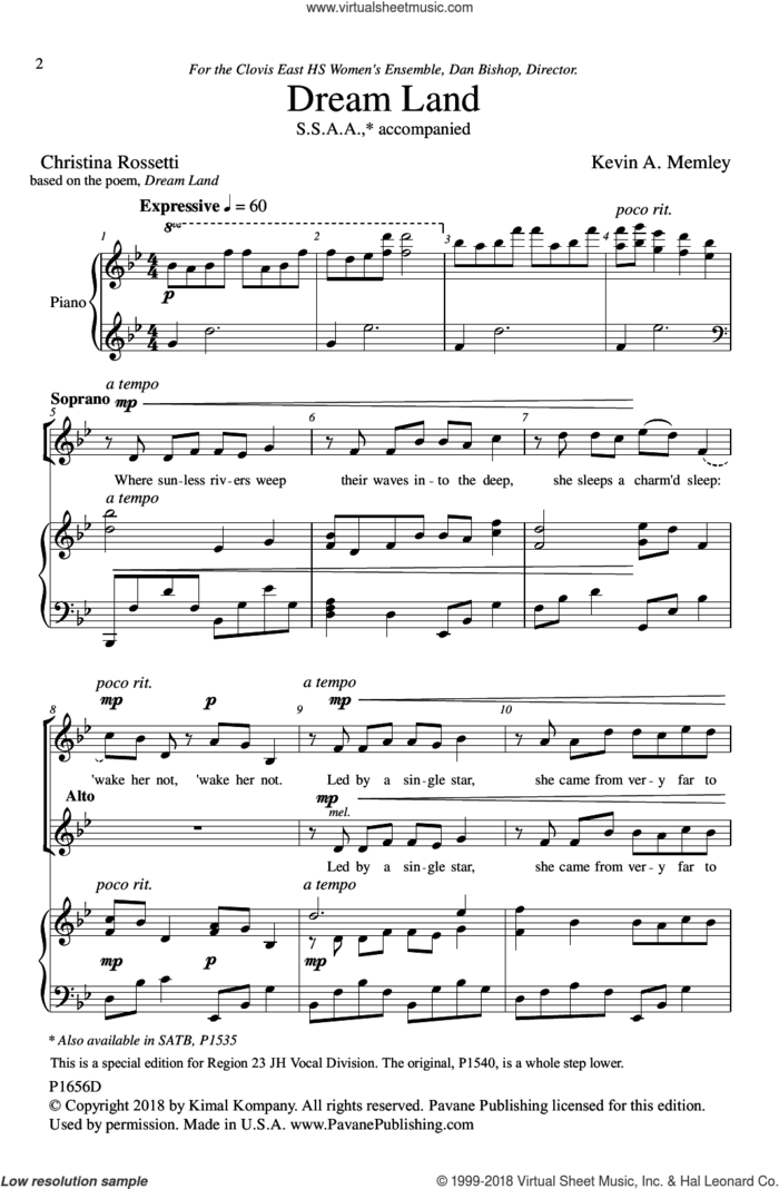 Dream Land sheet music for choir (SSAA: soprano, alto) by Kevin Memley and Christina Rossetti, intermediate skill level