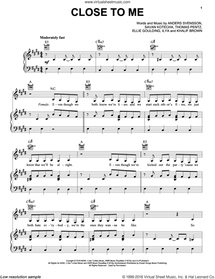 Close To Me sheet music for voice, piano or guitar by Ellie Goulding, Diplo & Swae Lee, Ellie Goulding, Ilya, Khalif Brown, Peter Svensson, Savan Kotecha and Thomas Wesley Pentz, intermediate skill level