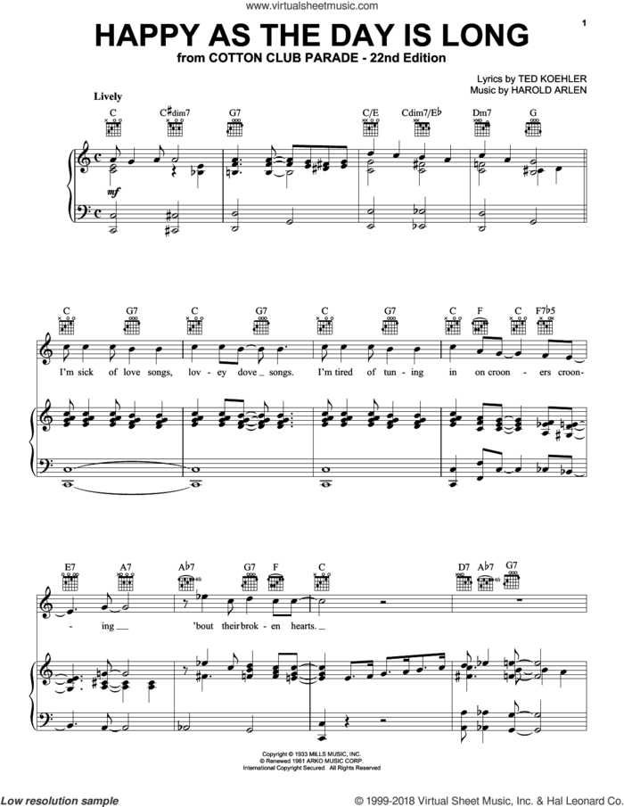Happy As The Day Is Long sheet music for voice, piano or guitar by Harold Arlen and Ted Koehler, intermediate skill level