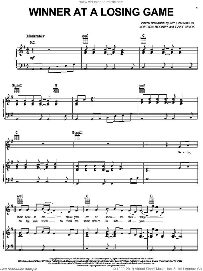 Winner At A Losing Game sheet music for voice, piano or guitar by Rascal Flatts, Gary Levox, Jay DeMarcus and Joe Don Rooney, intermediate skill level