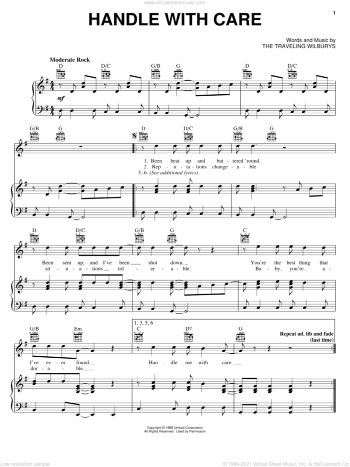 Handle With Care sheet music for voice, piano or guitar by The Traveling Wilburys, Bob Dylan, George Harrison, Jeff Lynne, Roy Orbison and Tom Petty, intermediate skill level