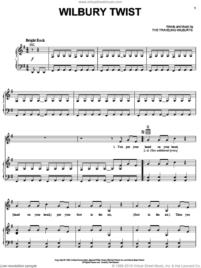 Wilbury Twist sheet music for voice, piano or guitar by The Traveling Wilburys, Bob Dylan, George Harrison, Jeff Lynne and Tom Petty, intermediate skill level