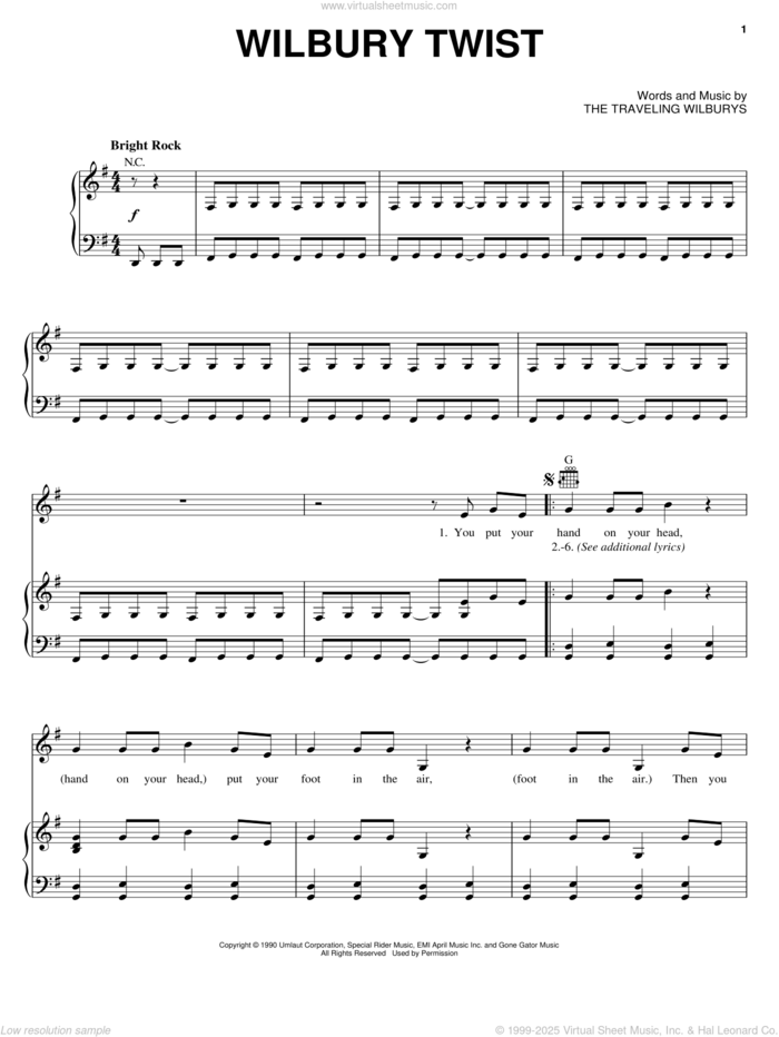 Wilbury Twist sheet music for voice, piano or guitar by The Traveling Wilburys, Bob Dylan, George Harrison, Jeff Lynne and Tom Petty, intermediate skill level