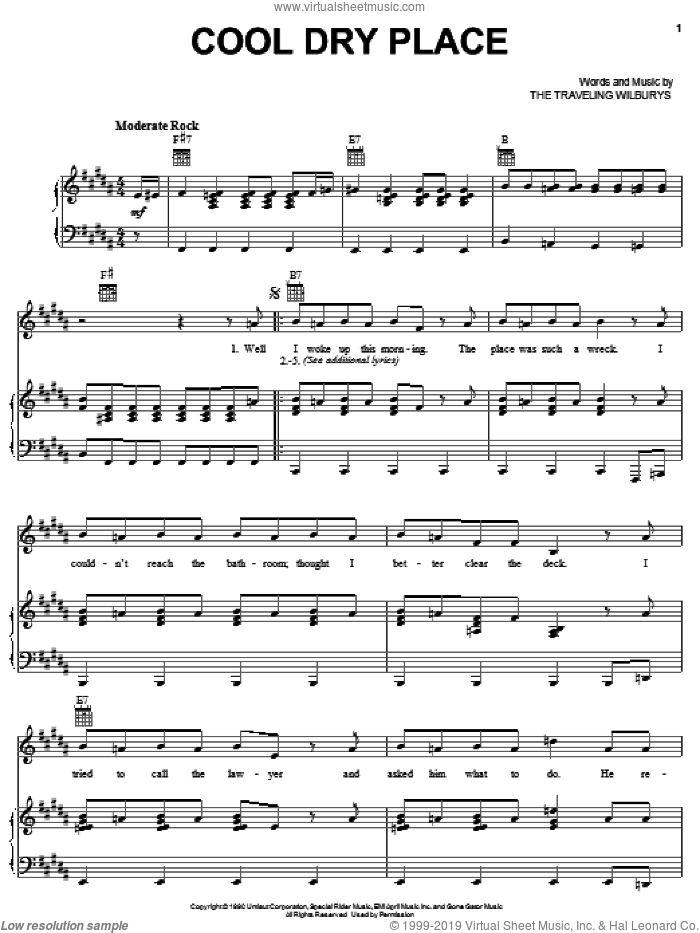 Cool Dry Place sheet music for voice, piano or guitar by The Traveling Wilburys, Bob Dylan, George Harrison, Jeff Lynne and Tom Petty, intermediate skill level