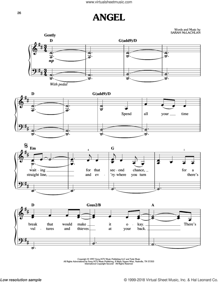 Angel sheet music for piano solo by Sarah McLachlan, easy skill level