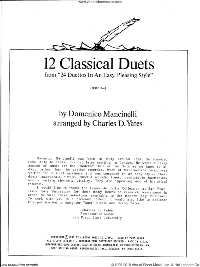 12 Classical Duets (from 24 Duettos In An Easy, Pleasing Style) sheet music for wind duet by Charles Yates and Domenico Mancinelli, classical score, intermediate skill level