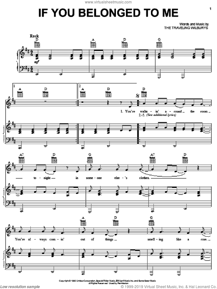 If You Belonged To Me sheet music for voice, piano or guitar by The Traveling Wilburys, Bob Dylan, George Harrison, Jeff Lynne and Tom Petty, intermediate skill level