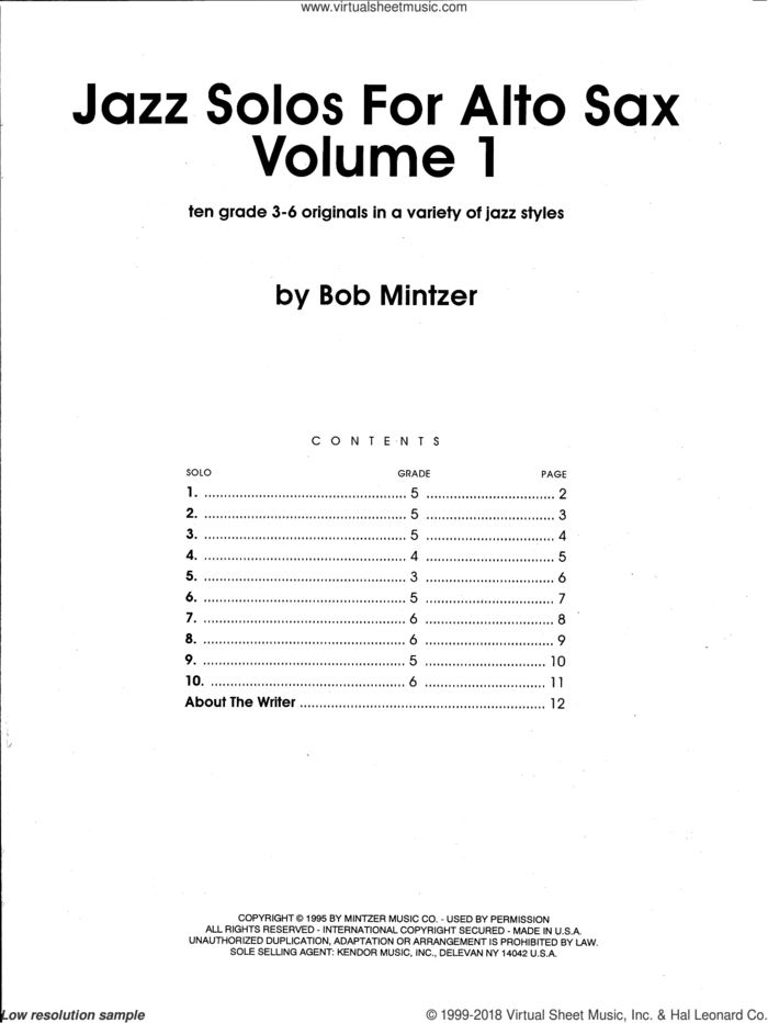 Jazz Solos For Alto Sax, Volume 1 sheet music for alto saxophone solo by Bob Mintzer, intermediate skill level