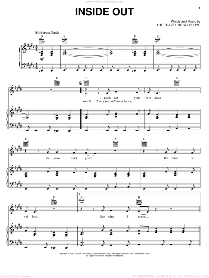 Inside Out sheet music for voice, piano or guitar by The Traveling Wilburys, Bob Dylan, George Harrison, Jeff Lynne and Tom Petty, intermediate skill level