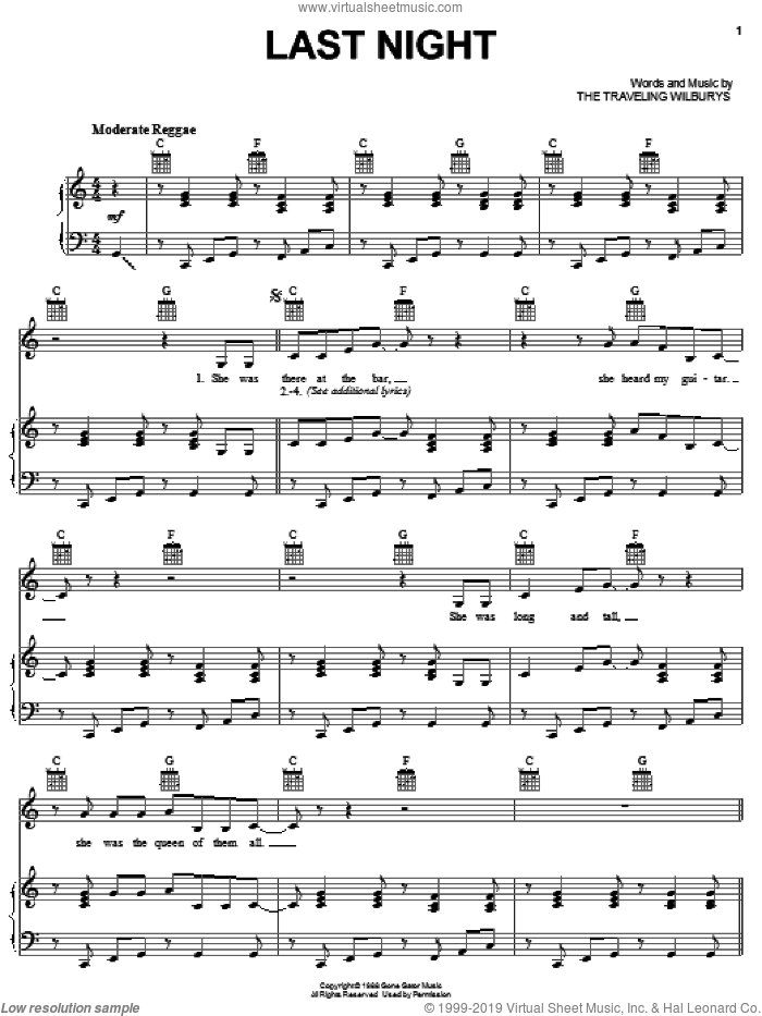 Last Night sheet music for voice, piano or guitar by The Traveling Wilburys, Bob Dylan, George Harrison, Jeff Lynne, Roy Orbison and Tom Petty, intermediate skill level