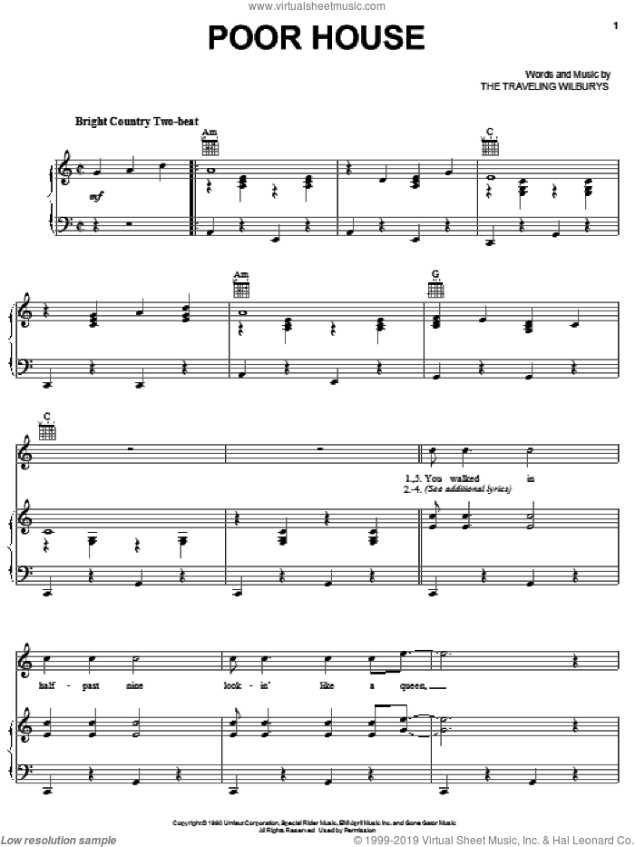 Poor House sheet music for voice, piano or guitar by The Traveling Wilburys, Bob Dylan, George Harrison, Jeff Lynne and Tom Petty, intermediate skill level