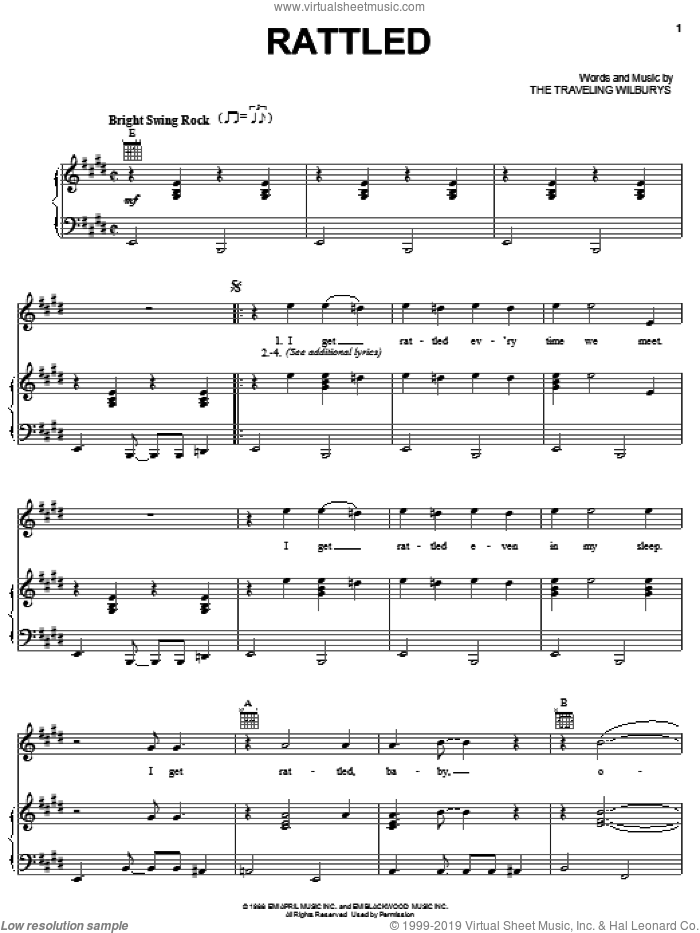 Rattled sheet music for voice, piano or guitar by The Traveling Wilburys, Bob Dylan, George Harrison, Jeff Lynne, Roy Orbison and Tom Petty, intermediate skill level
