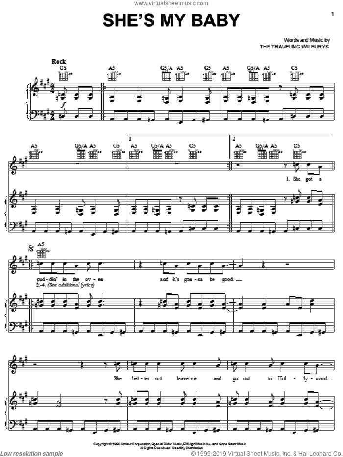 She's My Baby sheet music for voice, piano or guitar by The Traveling Wilburys, Bob Dylan, George Harrison, Jeff Lynne and Tom Petty, intermediate skill level