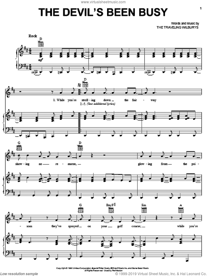 The Devil's Been Busy sheet music for voice, piano or guitar by The Traveling Wilburys, Bob Dylan, George Harrison, Jeff Lynne and Tom Petty, intermediate skill level