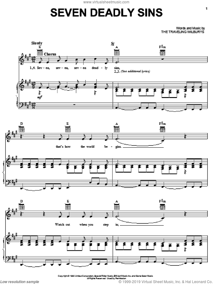 Seven Deadly Sins sheet music for voice, piano or guitar by The Traveling Wilburys, Bob Dylan, George Harrison, Jeff Lynne and Tom Petty, intermediate skill level