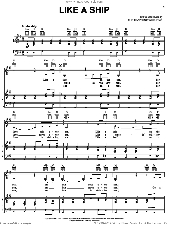 Like A Ship sheet music for voice, piano or guitar by The Traveling Wilburys, Bob Dylan, George Harrison, Jeff Lynne and Tom Petty, intermediate skill level