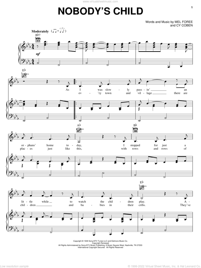 Nobody's Child sheet music for voice, piano or guitar by The Traveling Wilburys, Cy Coben and Mel Foree, intermediate skill level