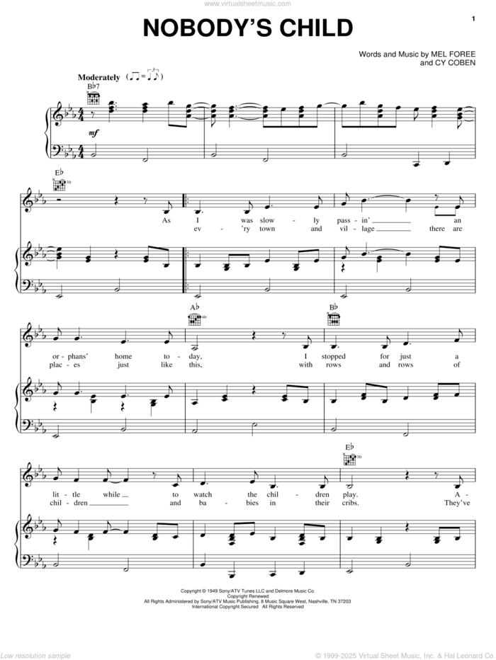 Nobody's Child sheet music for voice, piano or guitar by The Traveling Wilburys, Cy Coben and Mel Foree, intermediate skill level