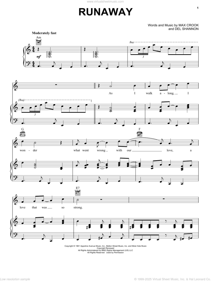 Runaway sheet music for voice, piano or guitar by The Traveling Wilburys, Del Shannon and Max Crook, intermediate skill level