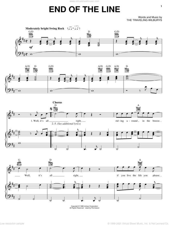 End Of The Line sheet music for voice, piano or guitar by The Traveling Wilburys, Bob Dylan, George Harrison, Jeff Lynne, Roy Orbison and Tom Petty, intermediate skill level