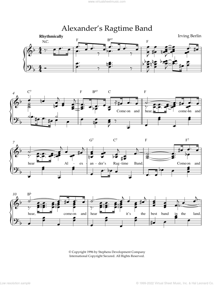 Alexander's Ragtime Band sheet music for piano solo by Irving Berlin, intermediate skill level