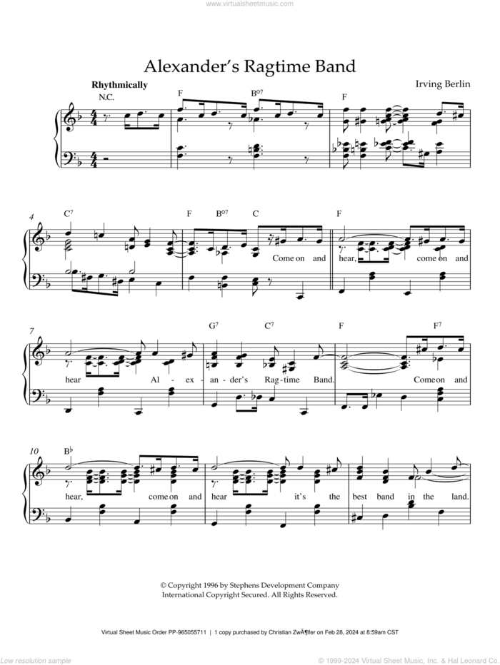 Alexander's Ragtime Band sheet music for piano solo by Irving Berlin, intermediate skill level