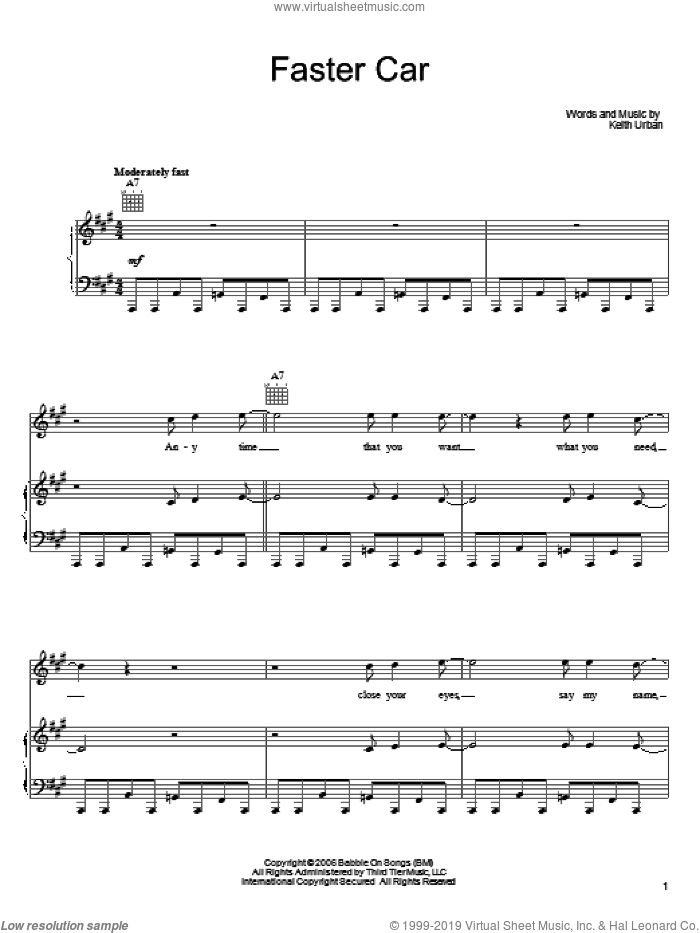 Faster Car sheet music for voice, piano or guitar by Keith Urban, intermediate skill level