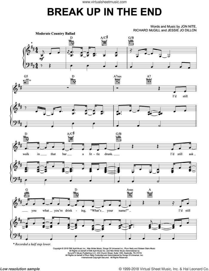 Break Up In The End sheet music for voice, piano or guitar by Cole Swindell, Jessie Jo Dillon, Jon Nite and Richard McGill, intermediate skill level
