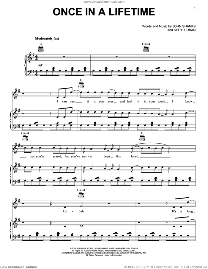 Once In A Lifetime sheet music for voice, piano or guitar by Keith Urban and John Shanks, intermediate skill level