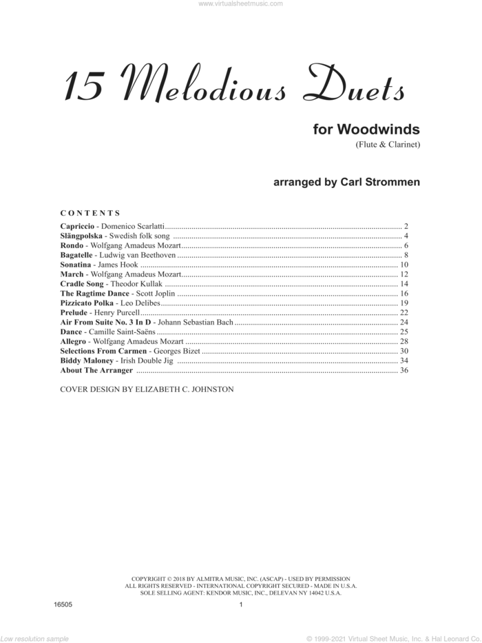 15 Melodious Duets sheet music for flute and clarinet by Carl Strommen, classical score, intermediate duet