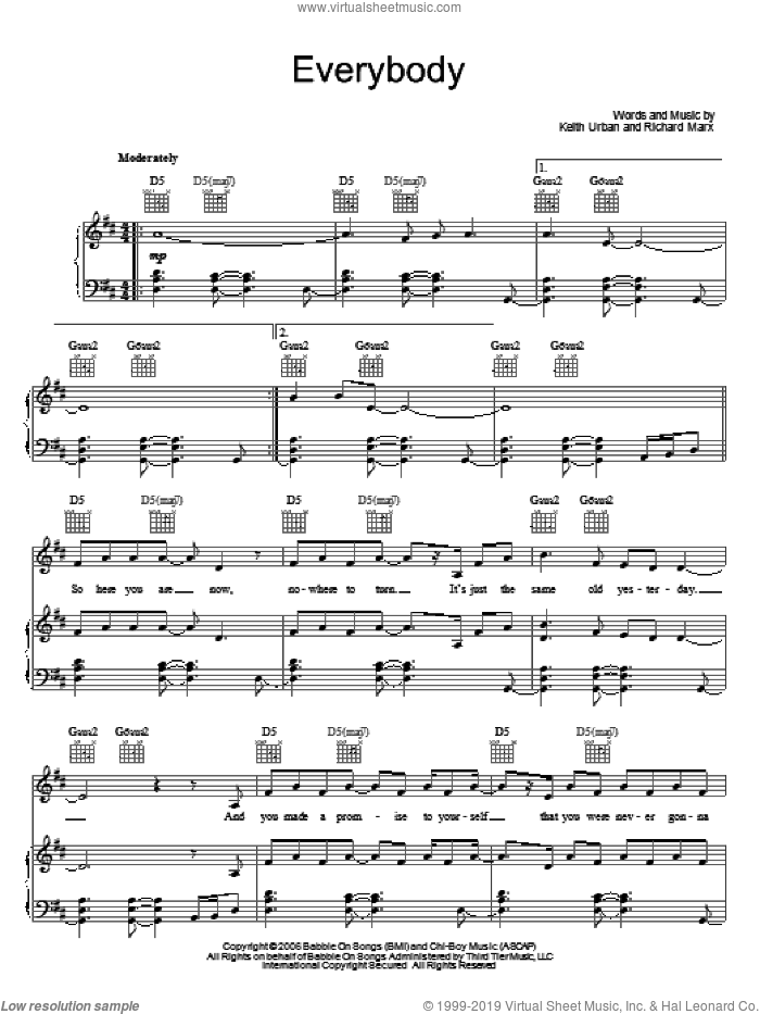Everybody sheet music for voice, piano or guitar by Keith Urban and Richard Marx, intermediate skill level