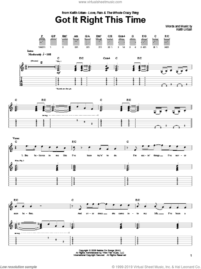 Got It Right This Time sheet music for guitar (tablature) by Keith Urban, intermediate skill level