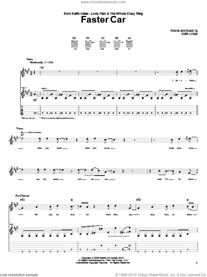 Faster Car sheet music for guitar (tablature) by Keith Urban, intermediate skill level