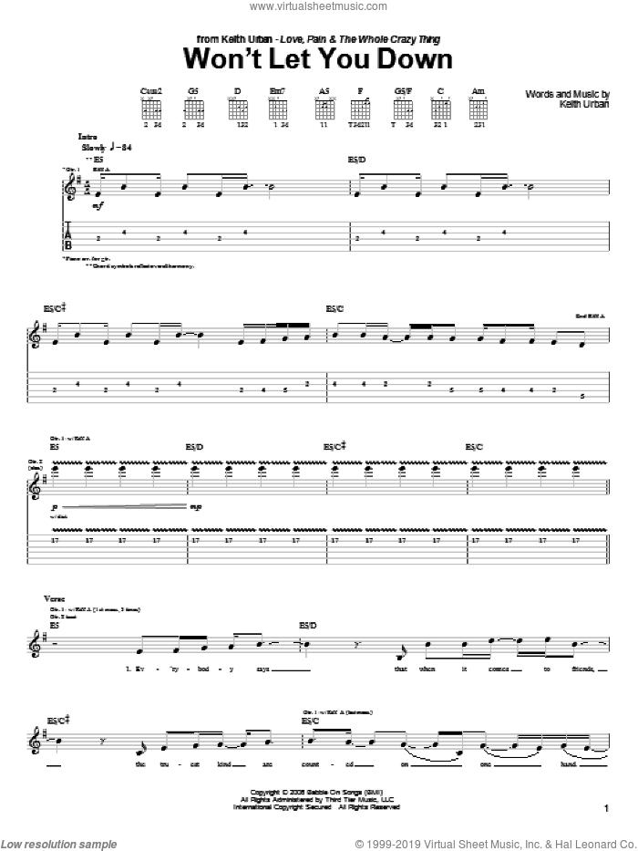 Won't Let You Down sheet music for guitar (tablature) by Keith Urban, intermediate skill level