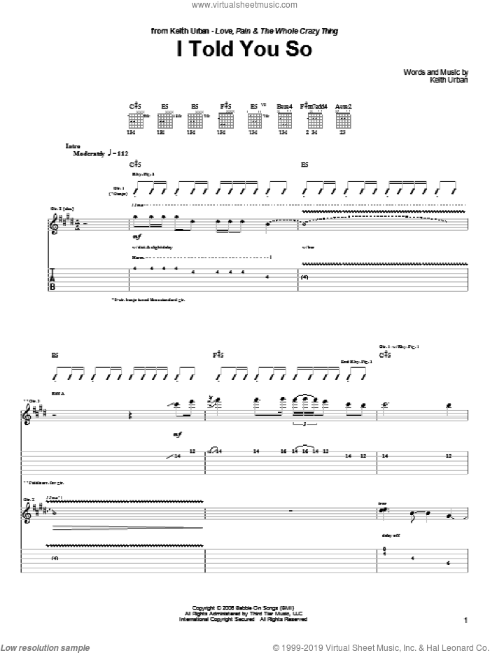 I Told You So sheet music for guitar (tablature) by Keith Urban, intermediate skill level