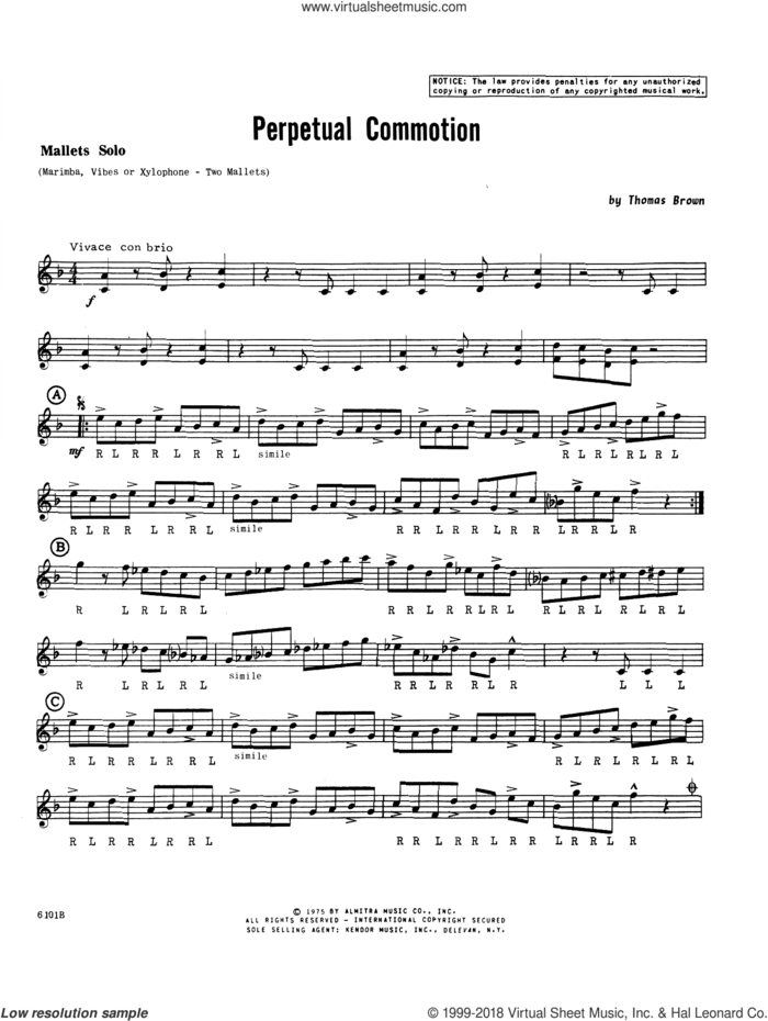 Perpetual Commotion (complete set of parts) sheet music for percussions by Tom Brown, classical score, intermediate skill level
