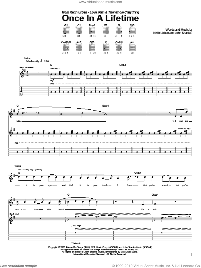Once In A Lifetime sheet music for guitar (tablature) by Keith Urban and John Shanks, intermediate skill level