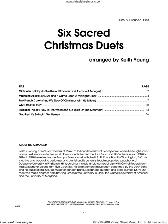 Six Sacred Christmas Duets (complete set of parts) sheet music for clarine, flute and piano by Keith Young, intermediate skill level